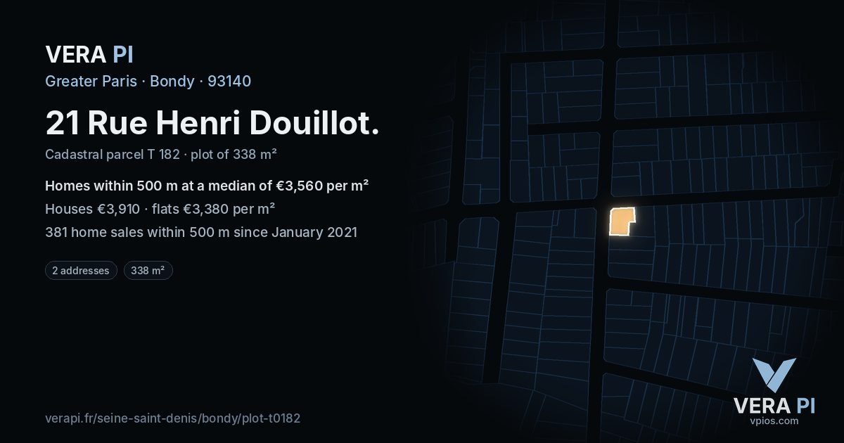 21 Rue Henri Douillot, Bondy at night – the plot lit, the parcels around coloured by the prices near them