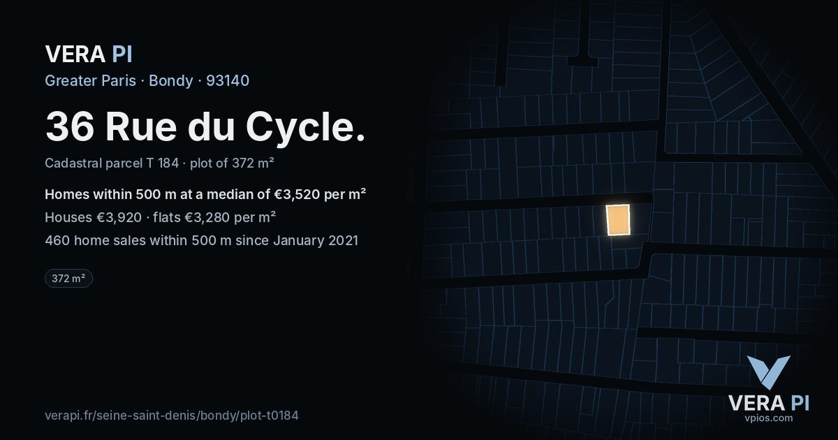 36 Rue du Cycle, Bondy at night – the plot lit, the parcels around coloured by the prices near them