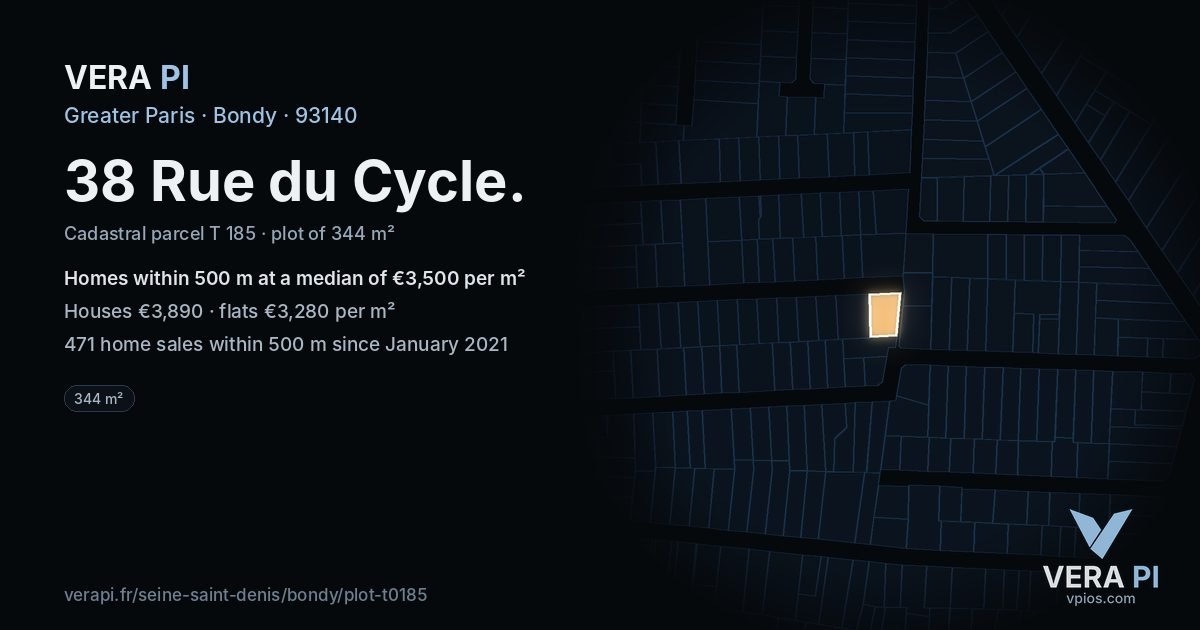 38 Rue du Cycle, Bondy at night – the plot lit, the parcels around coloured by the prices near them