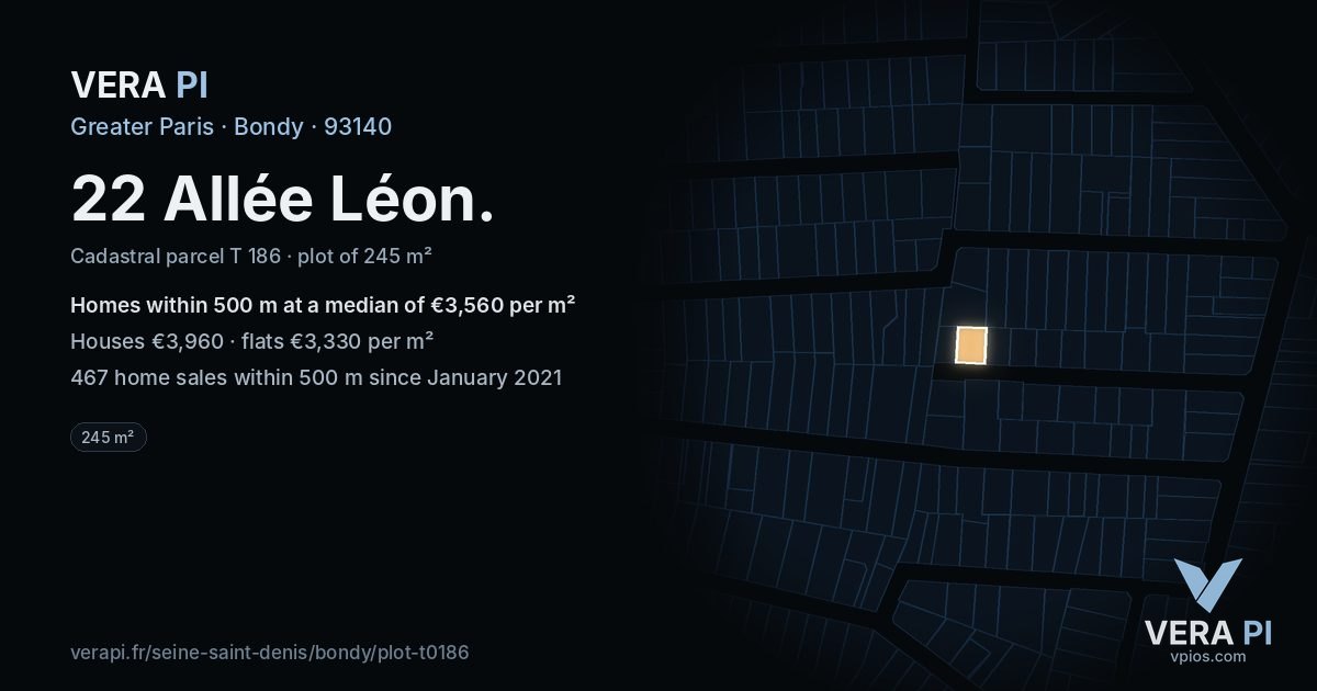 22 Allée Léon, Bondy at night – the plot lit, the parcels around coloured by the prices near them