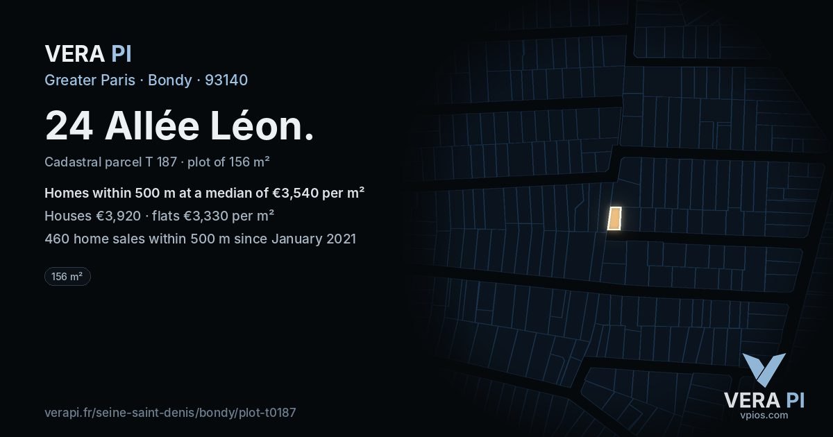 24 Allée Léon, Bondy at night – the plot lit, the parcels around coloured by the prices near them