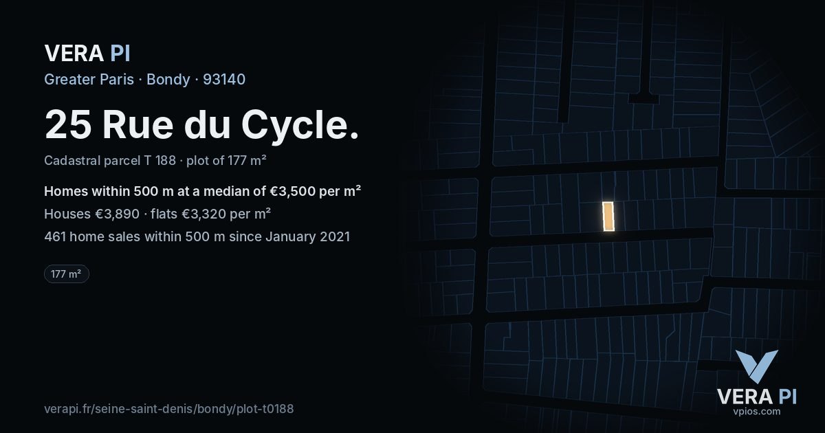25 Rue du Cycle, Bondy at night – the plot lit, the parcels around coloured by the prices near them