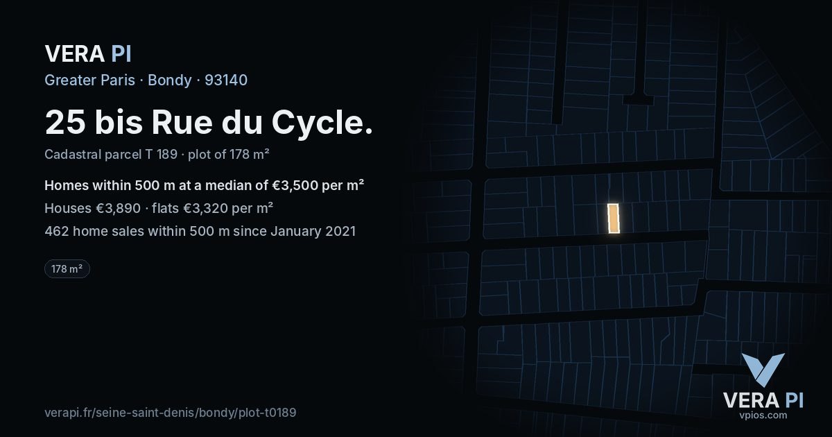 25 bis Rue du Cycle, Bondy at night – the plot lit, the parcels around coloured by the prices near them