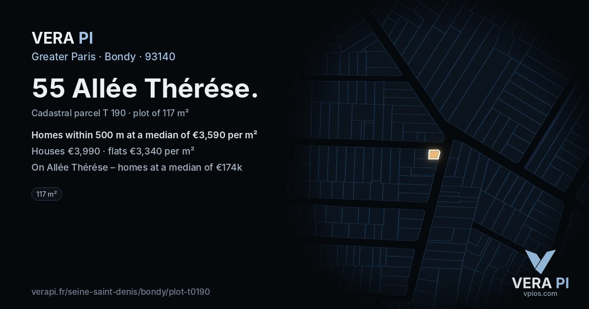 55 Allée Thérése, Bondy at night – the plot lit, the parcels around coloured by the prices near them