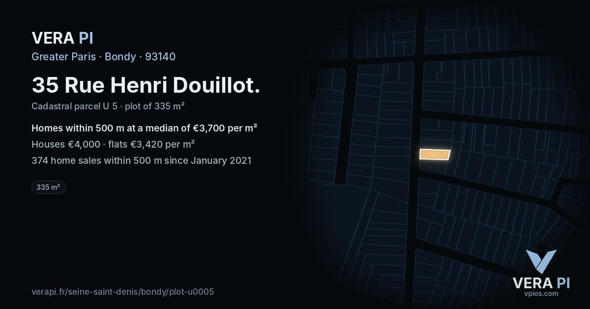 35 Rue Henri Douillot, Bondy at night – the plot lit, the parcels around coloured by the prices near them