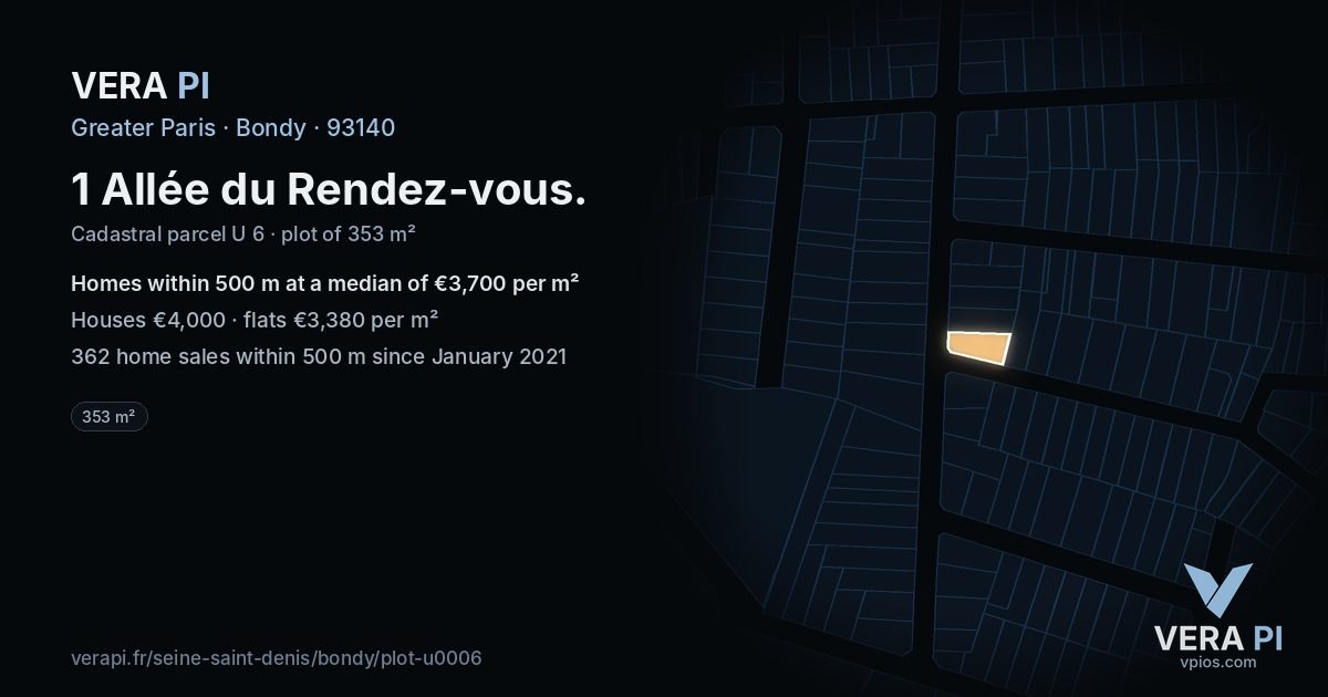 1 Allée du Rendez-vous, Bondy at night – the plot lit, the parcels around coloured by the prices near them