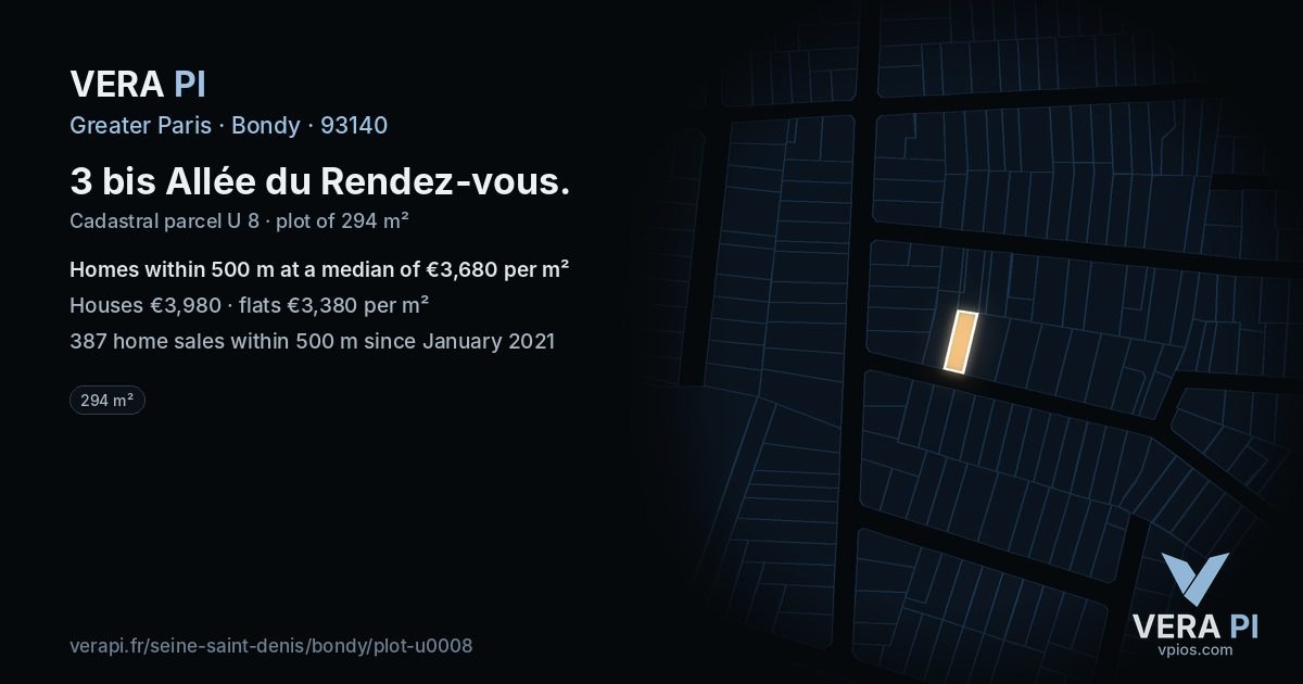 3 bis Allée du Rendez-vous, Bondy at night – the plot lit, the parcels around coloured by the prices near them