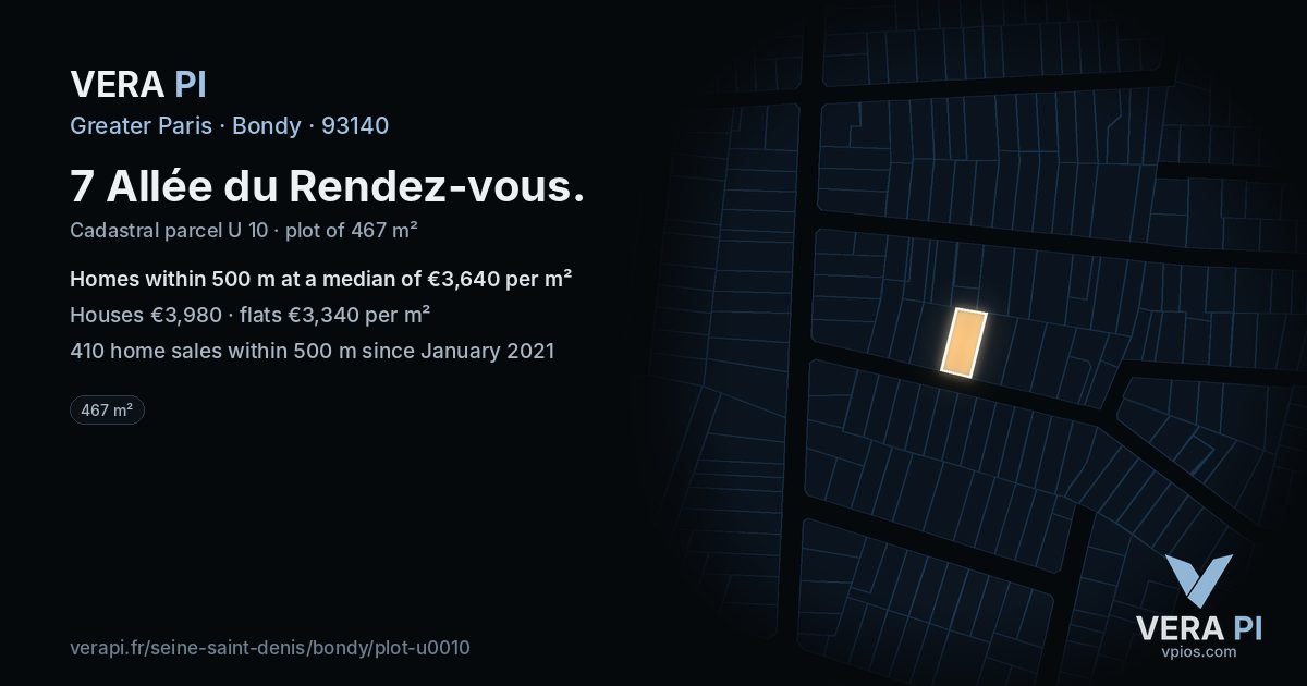 7 Allée du Rendez-vous, Bondy at night – the plot lit, the parcels around coloured by the prices near them