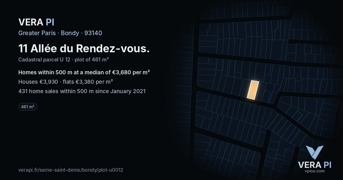 11 Allée du Rendez-vous, Bondy at night – the plot lit, the parcels around coloured by the prices near them