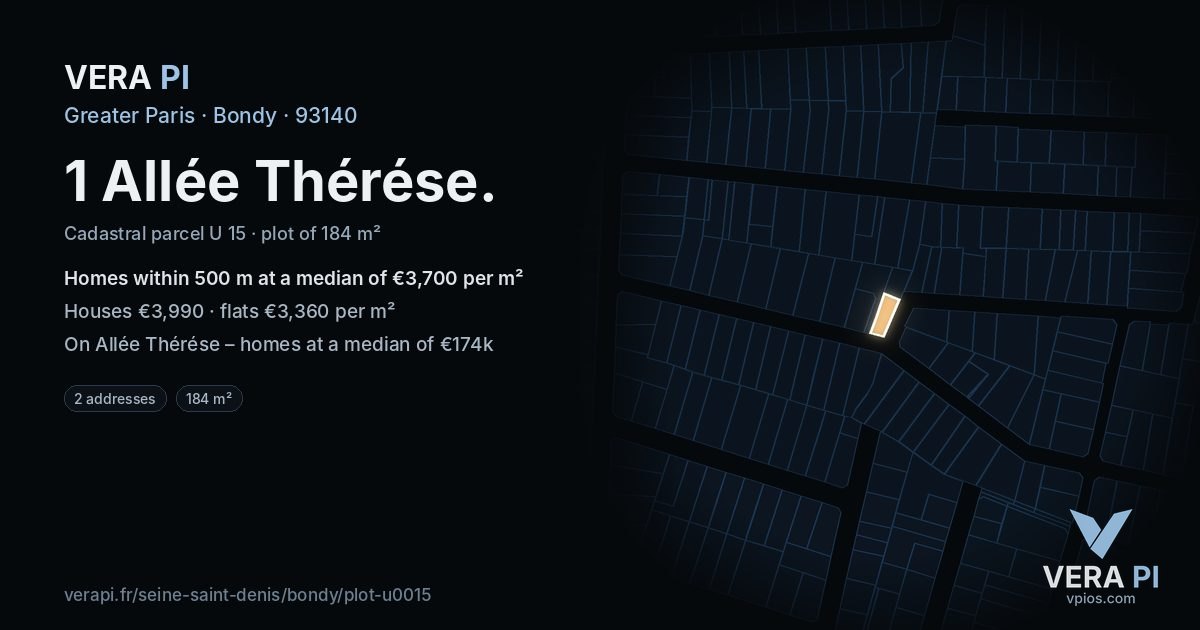 1 Allée Thérése, Bondy at night – the plot lit, the parcels around coloured by the prices near them