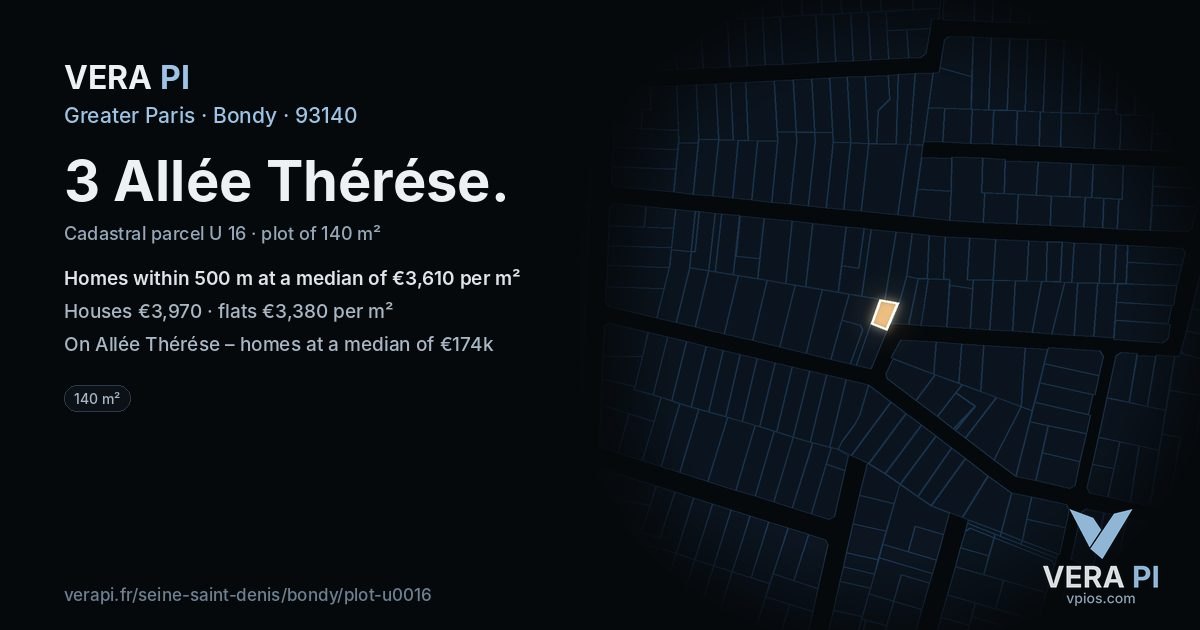3 Allée Thérése, Bondy at night – the plot lit, the parcels around coloured by the prices near them