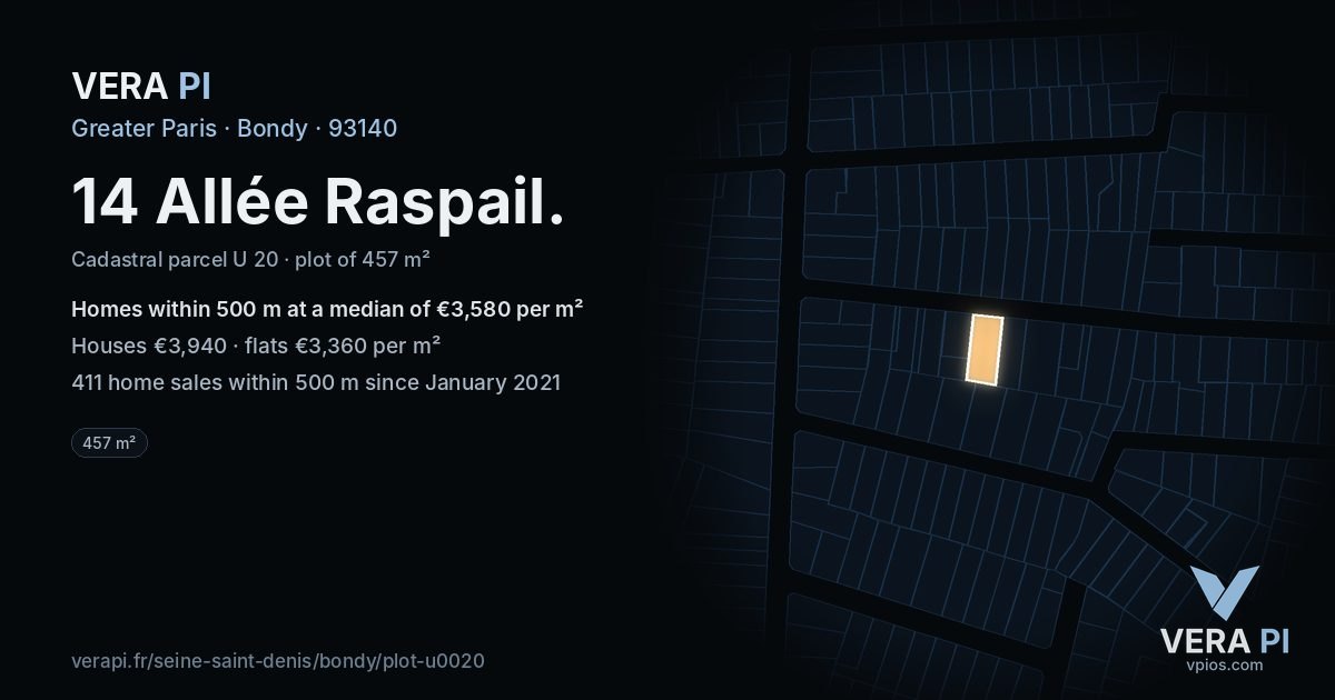 14 Allée Raspail, Bondy at night – the plot lit, the parcels around coloured by the prices near them