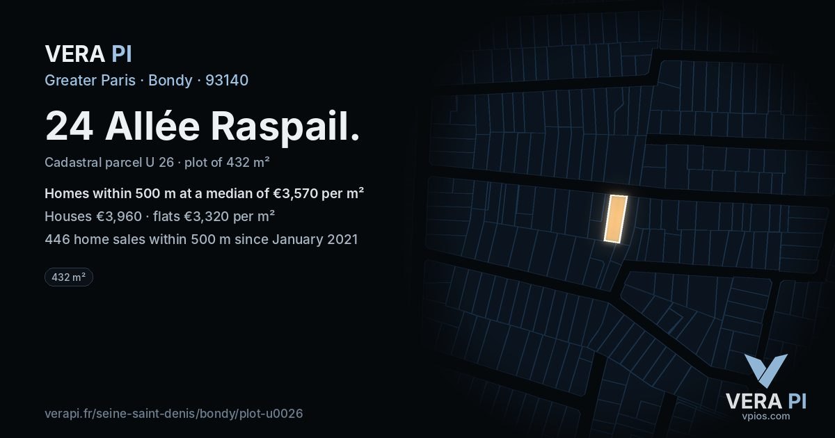 24 Allée Raspail, Bondy at night – the plot lit, the parcels around coloured by the prices near them