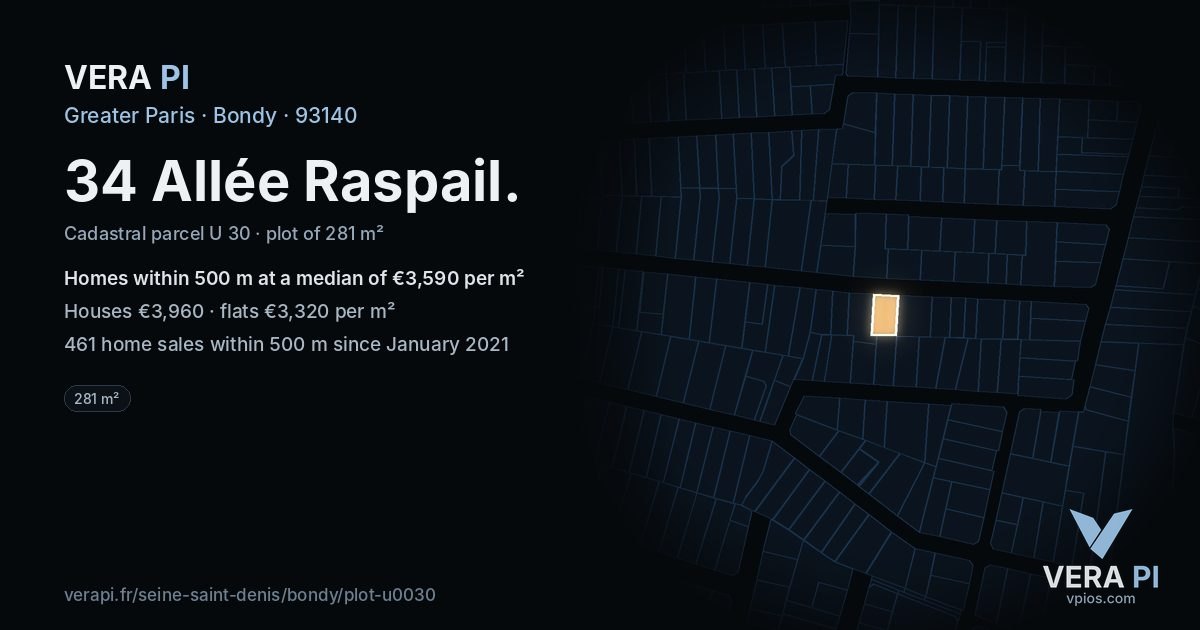 34 Allée Raspail, Bondy at night – the plot lit, the parcels around coloured by the prices near them
