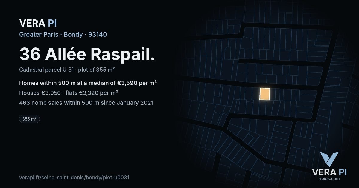 36 Allée Raspail, Bondy at night – the plot lit, the parcels around coloured by the prices near them