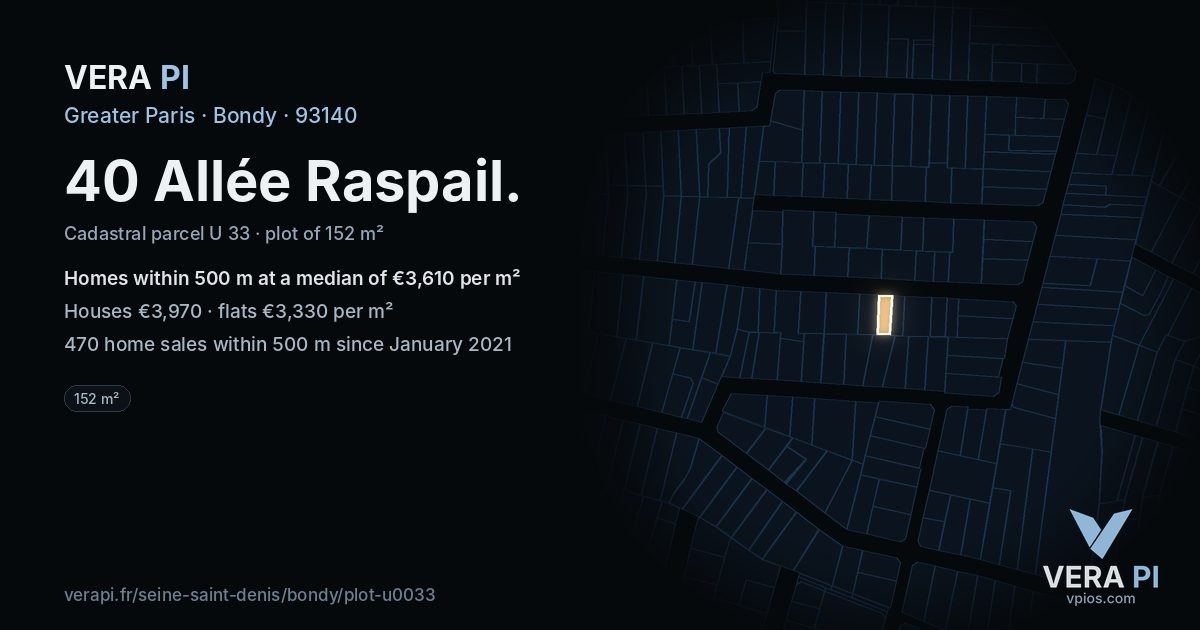 40 Allée Raspail, Bondy at night – the plot lit, the parcels around coloured by the prices near them
