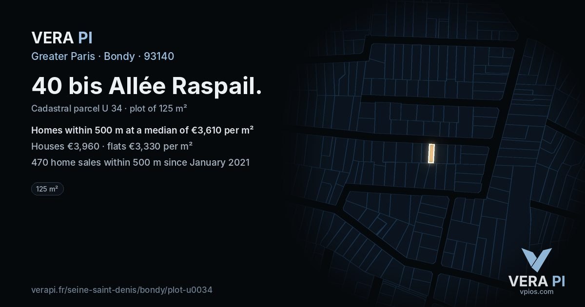 40 bis Allée Raspail, Bondy at night – the plot lit, the parcels around coloured by the prices near them