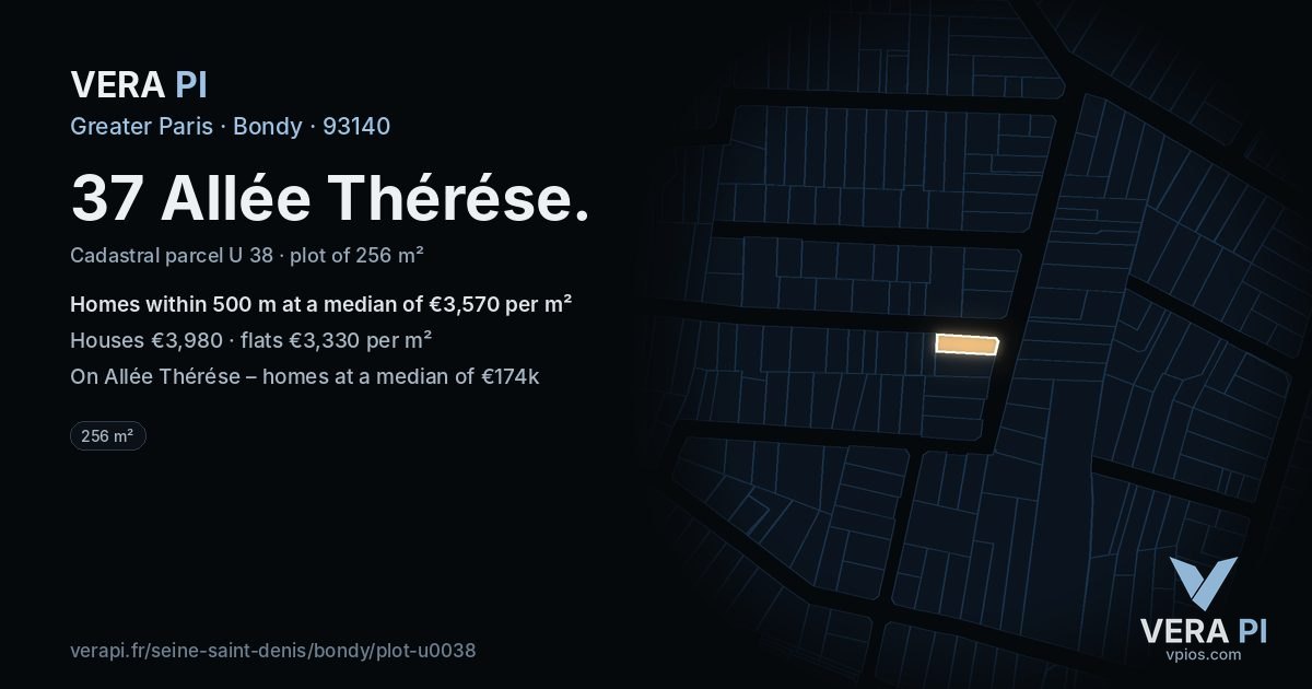 37 Allée Thérése, Bondy at night – the plot lit, the parcels around coloured by the prices near them