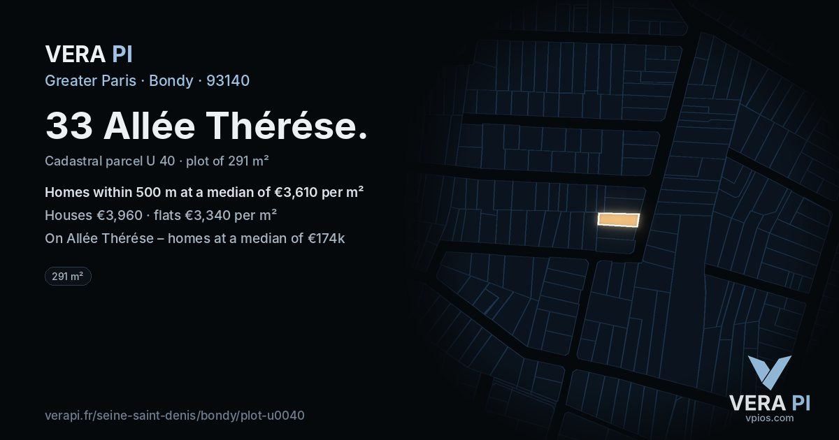 33 Allée Thérése, Bondy at night – the plot lit, the parcels around coloured by the prices near them