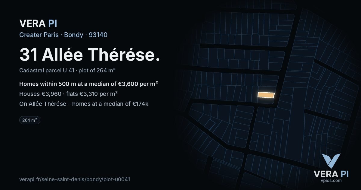 31 Allée Thérése, Bondy at night – the plot lit, the parcels around coloured by the prices near them