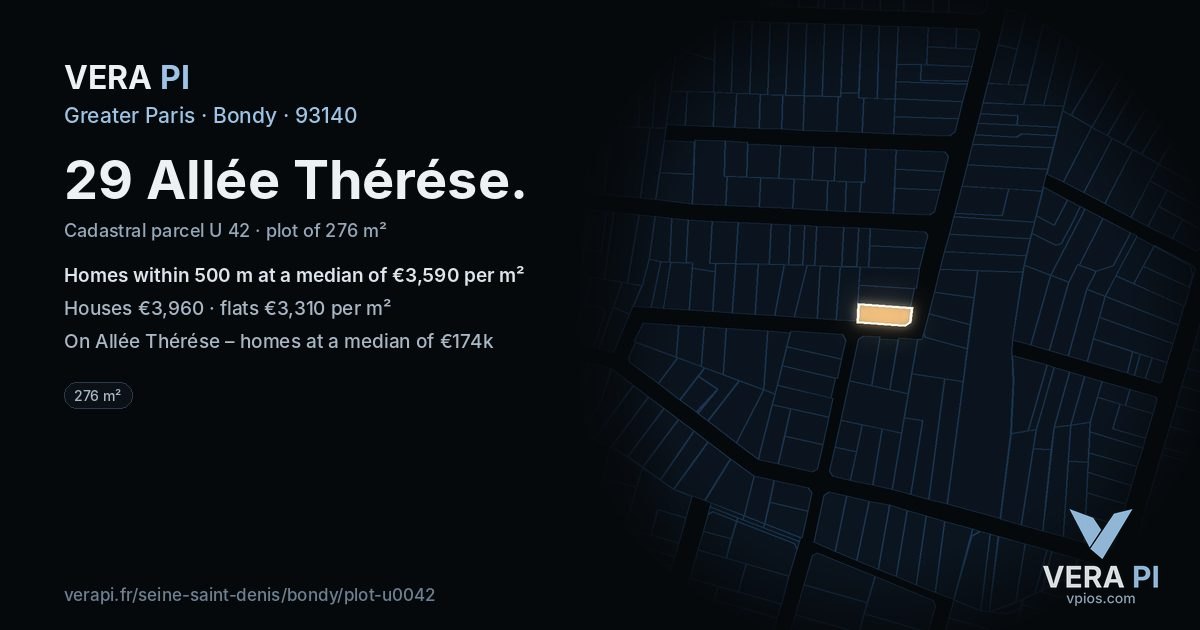 29 Allée Thérése, Bondy at night – the plot lit, the parcels around coloured by the prices near them