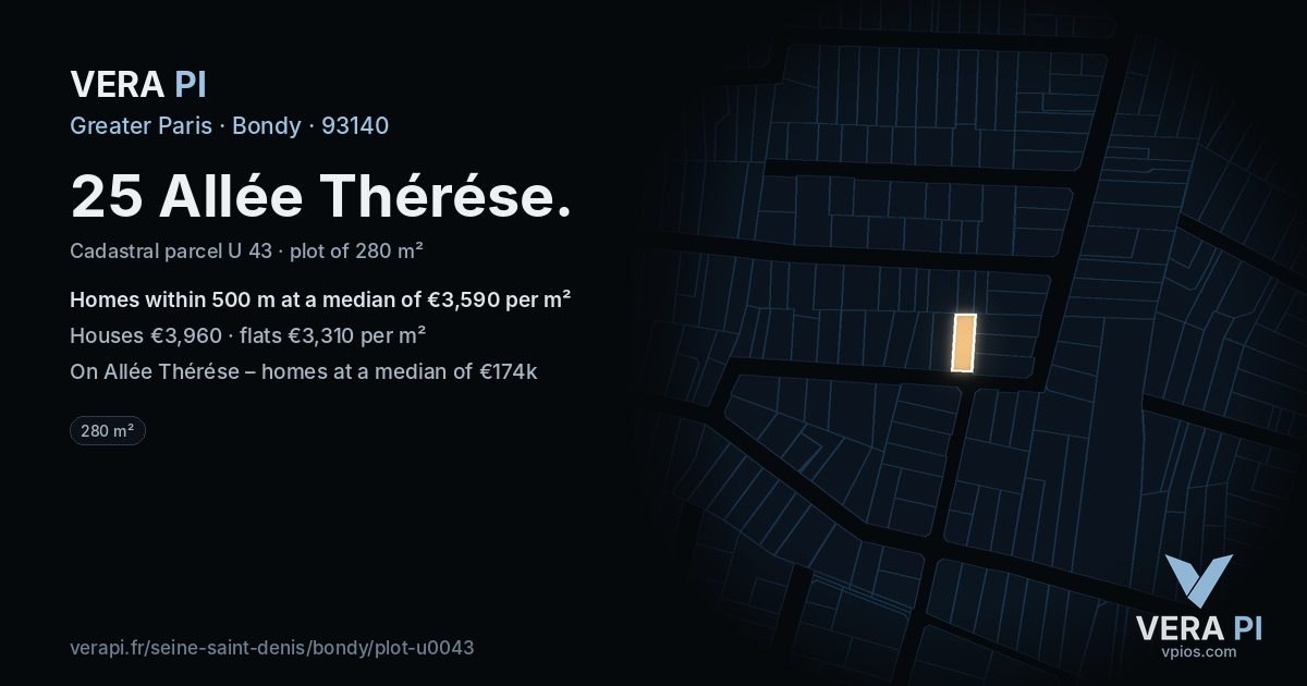 25 Allée Thérése, Bondy at night – the plot lit, the parcels around coloured by the prices near them