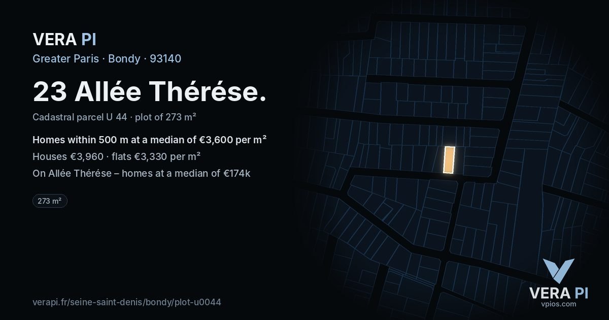 23 Allée Thérése, Bondy at night – the plot lit, the parcels around coloured by the prices near them