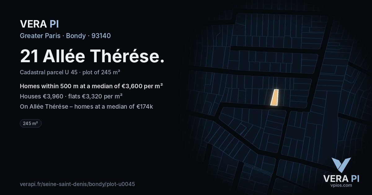 21 Allée Thérése, Bondy at night – the plot lit, the parcels around coloured by the prices near them