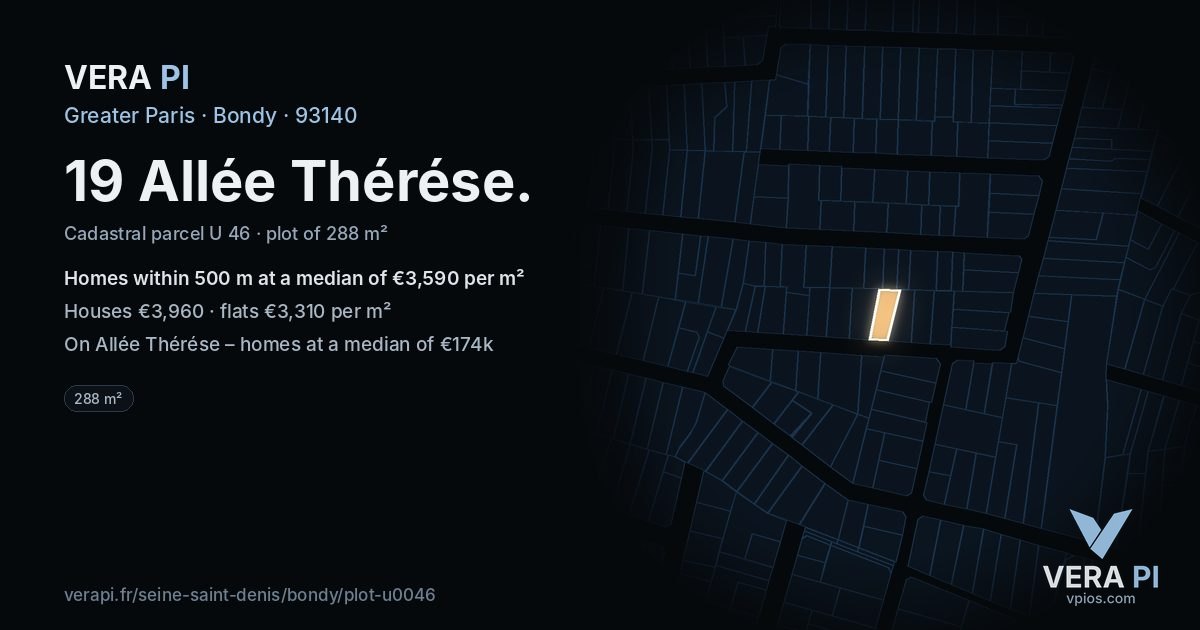 19 Allée Thérése, Bondy at night – the plot lit, the parcels around coloured by the prices near them