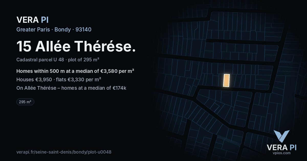 15 Allée Thérése, Bondy at night – the plot lit, the parcels around coloured by the prices near them