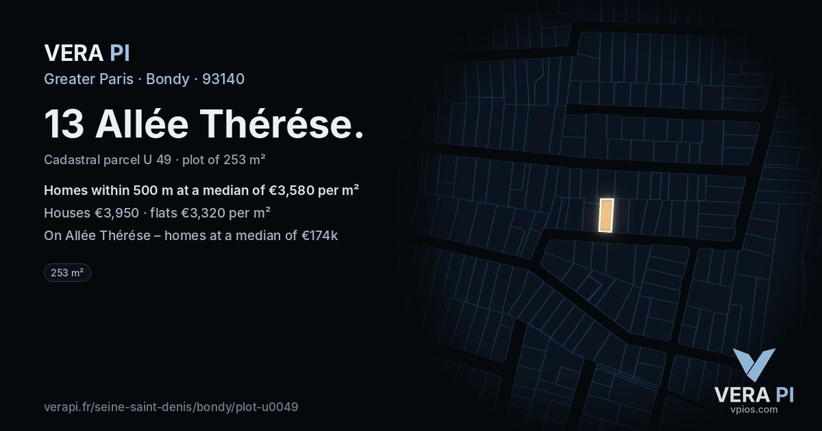 13 Allée Thérése, Bondy at night – the plot lit, the parcels around coloured by the prices near them