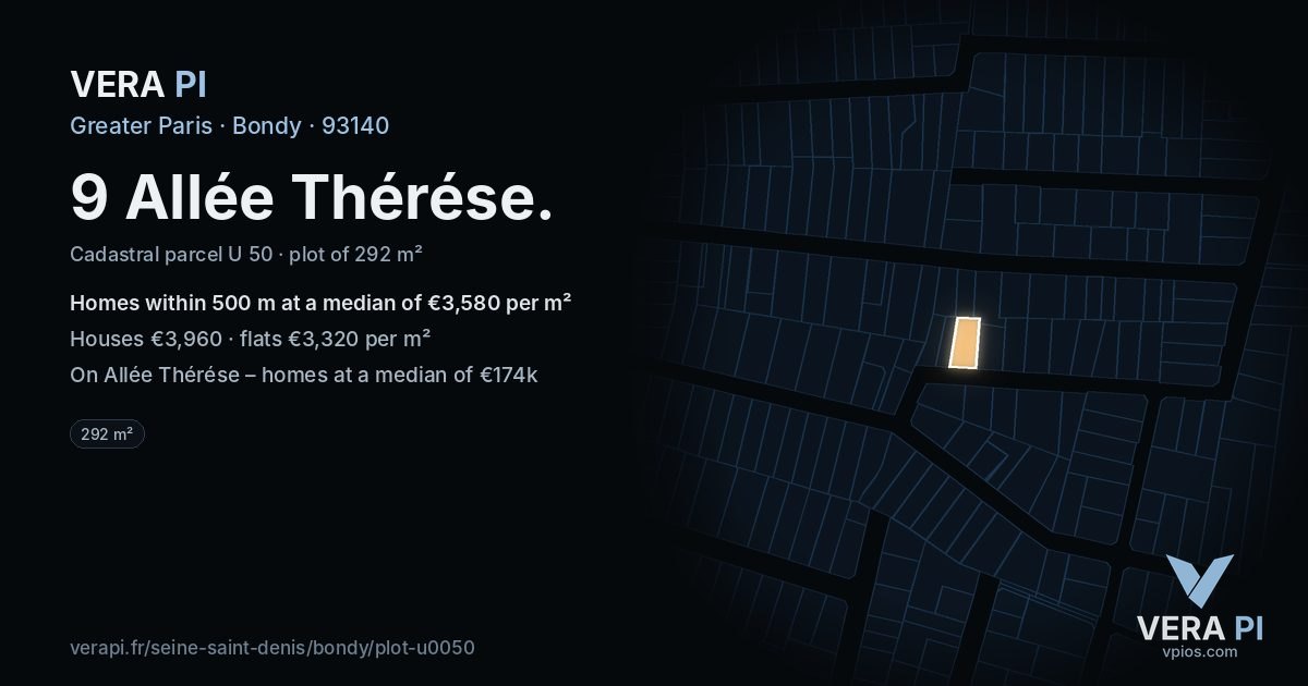 9 Allée Thérése, Bondy at night – the plot lit, the parcels around coloured by the prices near them
