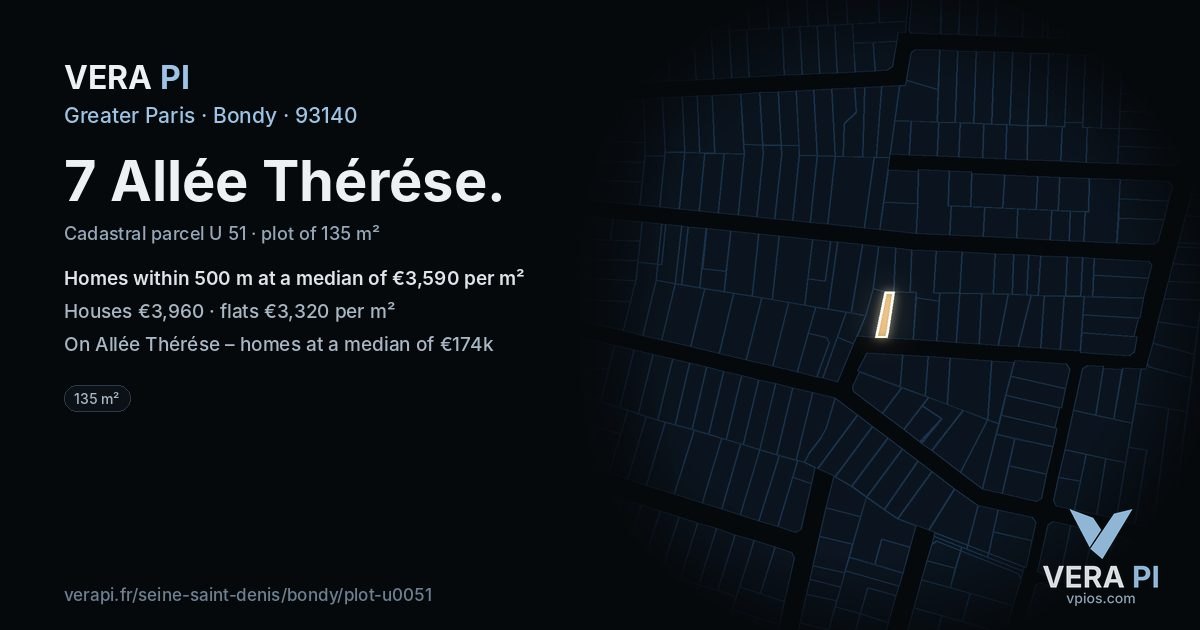 7 Allée Thérése, Bondy at night – the plot lit, the parcels around coloured by the prices near them