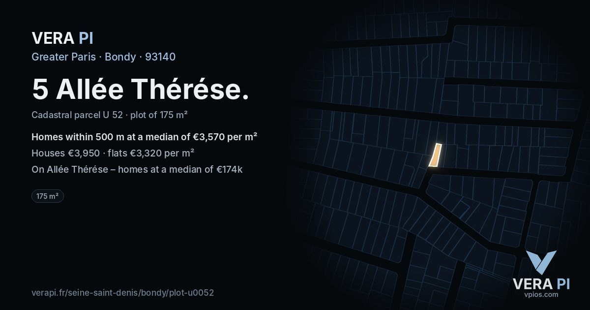 5 Allée Thérése, Bondy at night – the plot lit, the parcels around coloured by the prices near them