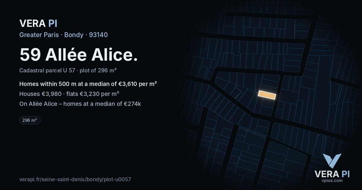 59 Allée Alice, Bondy at night – the plot lit, the parcels around coloured by the prices near them