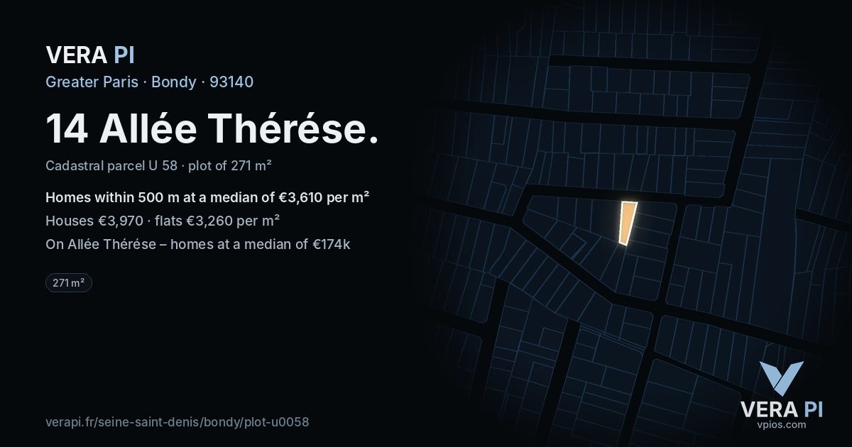 14 Allée Thérése, Bondy at night – the plot lit, the parcels around coloured by the prices near them