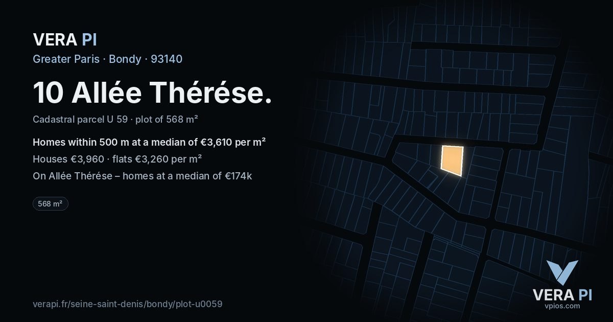 10 Allée Thérése, Bondy at night – the plot lit, the parcels around coloured by the prices near them
