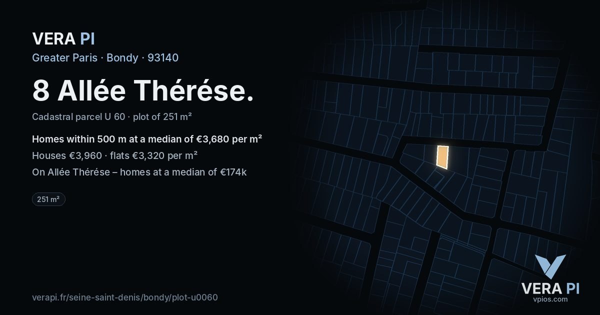 8 Allée Thérése, Bondy at night – the plot lit, the parcels around coloured by the prices near them
