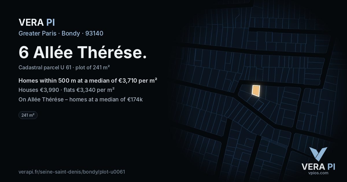 6 Allée Thérése, Bondy at night – the plot lit, the parcels around coloured by the prices near them
