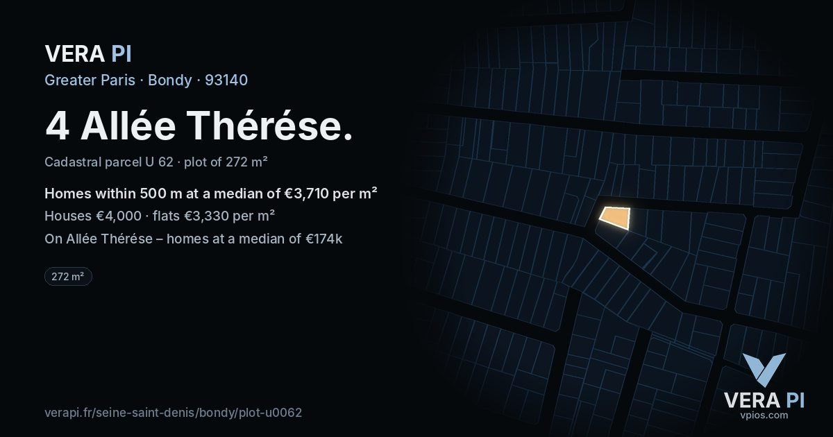 4 Allée Thérése, Bondy at night – the plot lit, the parcels around coloured by the prices near them