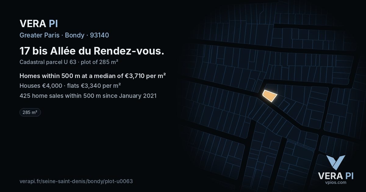 17 bis Allée du Rendez-vous, Bondy at night – the plot lit, the parcels around coloured by the prices near them