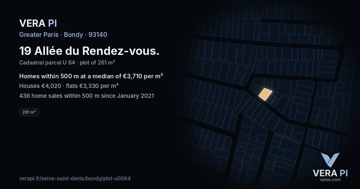 19 Allée du Rendez-vous, Bondy at night – the plot lit, the parcels around coloured by the prices near them