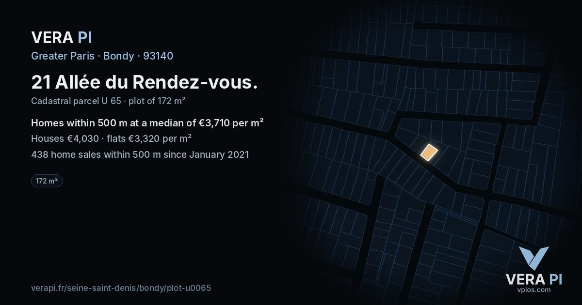 21 Allée du Rendez-vous, Bondy at night – the plot lit, the parcels around coloured by the prices near them