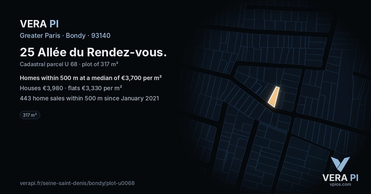 25 Allée du Rendez-vous, Bondy at night – the plot lit, the parcels around coloured by the prices near them