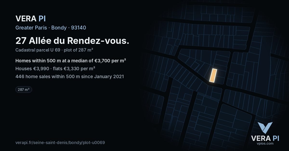 27 Allée du Rendez-vous, Bondy at night – the plot lit, the parcels around coloured by the prices near them
