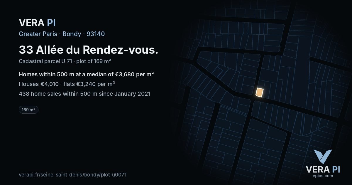 33 Allée du Rendez-vous, Bondy at night – the plot lit, the parcels around coloured by the prices near them