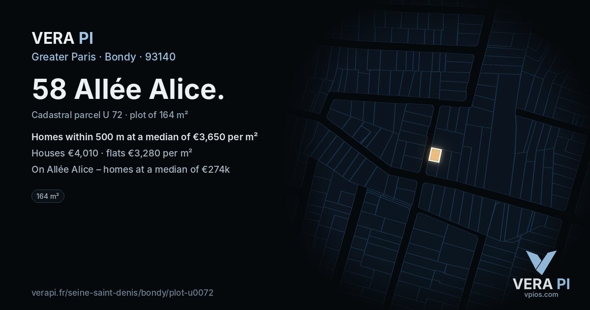 58 Allée Alice, Bondy at night – the plot lit, the parcels around coloured by the prices near them