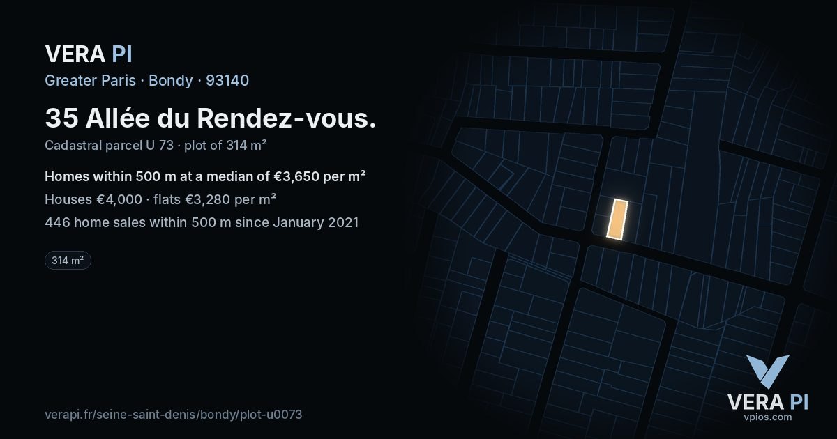 35 Allée du Rendez-vous, Bondy at night – the plot lit, the parcels around coloured by the prices near them