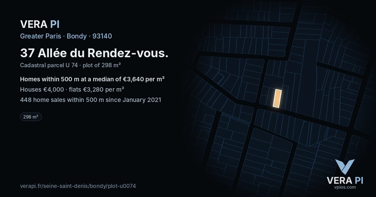 37 Allée du Rendez-vous, Bondy at night – the plot lit, the parcels around coloured by the prices near them