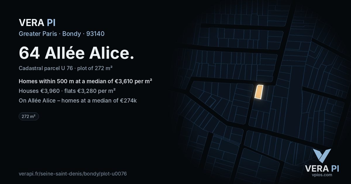 64 Allée Alice, Bondy at night – the plot lit, the parcels around coloured by the prices near them